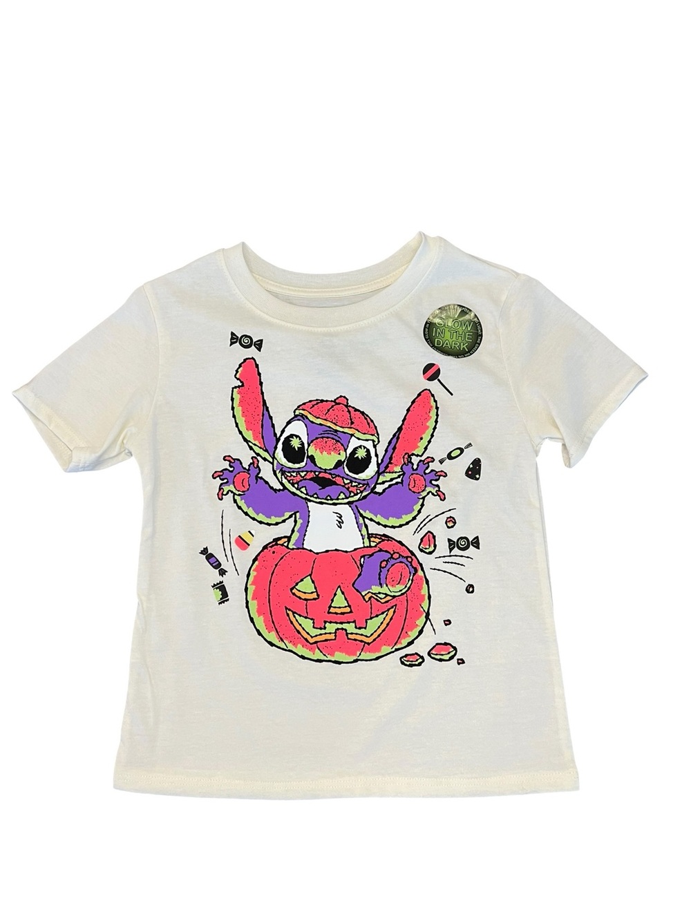 Girls' Cream Glow-in-the-Dark Halloween Stitch Pumpkin T-Shirt Medium